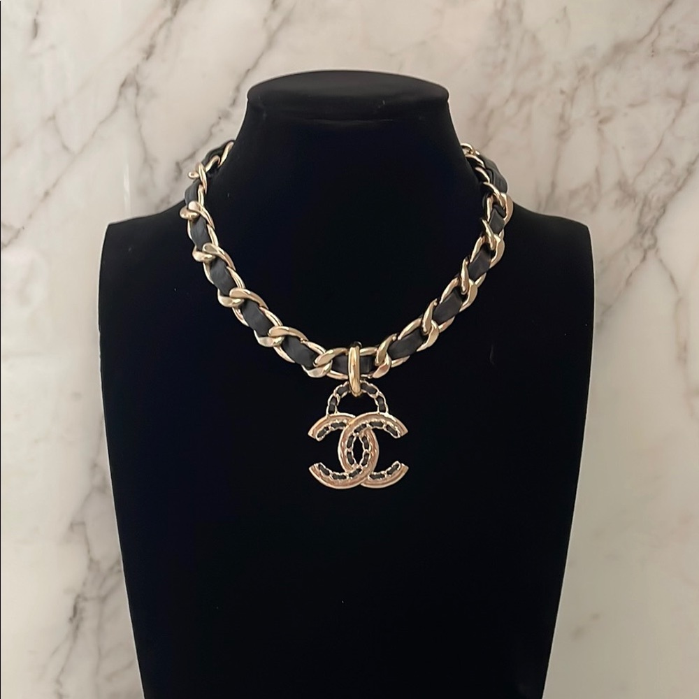 CHANEL Gold and Black Leather Logo Necklace